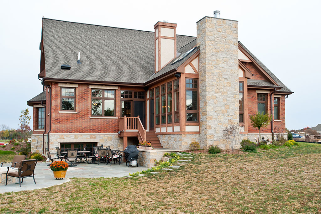Architectural features of a custom home, rear view
