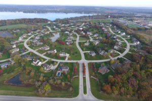 Aerial view of a conservation style development neighborhood